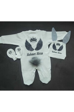 Baby namens Mirza aus dem Krankenhaus entlassen, benannter Baby-Overall Weiß-grauer Kaninchen-Overall 3249096546545 - 1