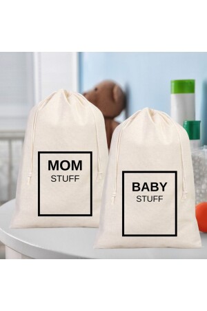 Baby Stuff Ve Mom Stuff Baskılı Anne Bebek Eşya Organizeri Ham Bez Kese 2 Adet 30x40 Cm FEKS1017 - 1