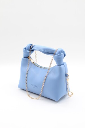 Babyblaue Mini-Handschulter-Baguette-Tasche für Damen mit Knotendetail und Kettenriemen aus weichem Leder in Babyblau - 9