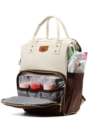 Babypflege-Rucksack, Babyflasche, Thermosfach, Metall-Kinderwagen mit Kleiderbügel, Creme-Braun (A-Qualität) - 6