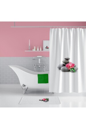 Badematten-Set – Badevorhang-Set mit Steinmuster – waschbare Matte und Duschvorhang-Set – mit C-Ring - 3