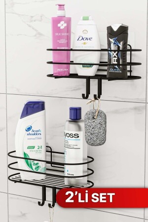 Badezimmer-Organizer, Shampoo-Halter, Seifenschale, 2er-Set, selbstklebendes Duschregal mit 4 Kleiderbügeln, Edelstahl-Organizer - 2