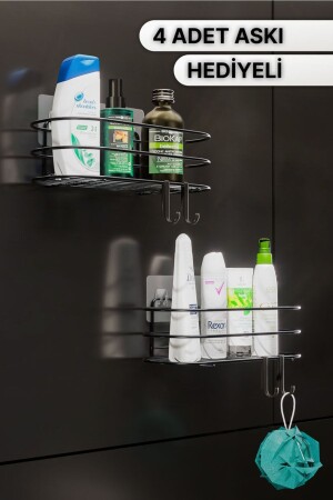 Badezimmer-Organizer, Shampoo-Halter, Seifenschale, 2er-Set, selbstklebendes Duschregal mit 4 Kleiderbügeln, Edelstahl-Organizer - 3