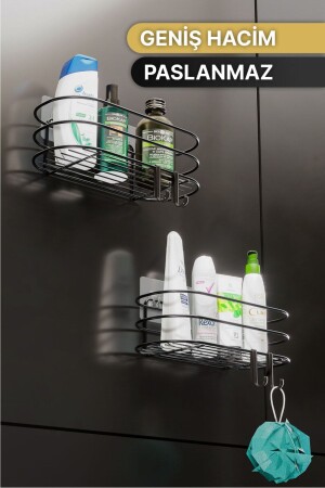 Badezimmer-Organizer, Shampoo-Halter, Seifenschale, 2er-Set, selbstklebendes Duschregal mit 4 Kleiderbügeln, Edelstahl-Organizer - 5