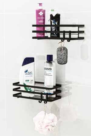 Badezimmer-Organizer, Shampoo-Halter, Seifenschale, 2er-Set, selbstklebendes Etikett, Duschregal-Organizer mit 4 Kleiderbügeln - 1