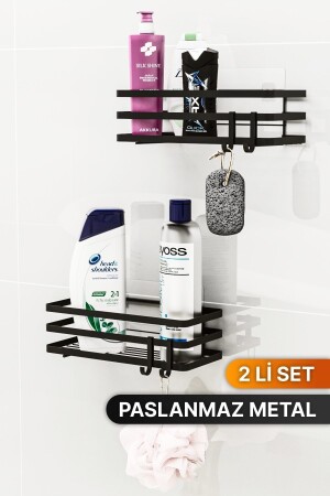 Badezimmer-Organizer, Shampoo-Halter, Seifenschale, 2er-Set, selbstklebendes Etikett, Duschregal-Organizer mit 4 Kleiderbügeln - 7