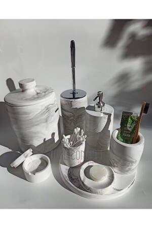 Badezimmer-Set in Marmoroptik, Mülleimer, Toilettenbürste, Tablett, Seifenspender, Baumwollspender, Getränkehalter - 1