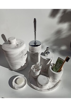 Badezimmer-Set in Marmoroptik, Mülleimer, Toilettenbürste, Tablett, Seifenspender, Baumwollspender, Getränkehalter - 4