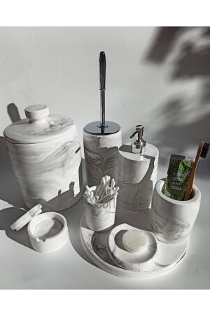 Badezimmer-Set in Marmoroptik, Mülleimer, Toilettenbürste, Tablett, Seifenspender, Baumwollspender, Getränkehalter - 7