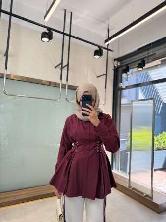 Bağcık Detaylı Poplin Gömlek - Bordo - Nuuwears
