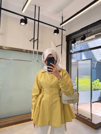 Bağcık Detaylı Poplin Gömlek - Hardal - Nuuwears