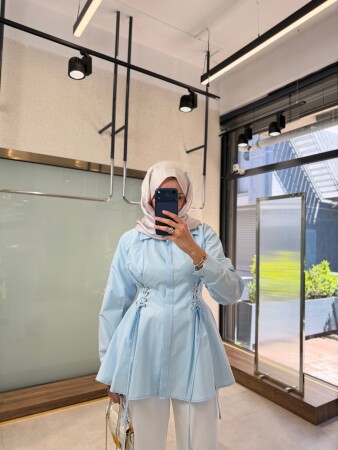 Bağcık Detaylı Poplin Gömlek - Mavi - Nuuwears