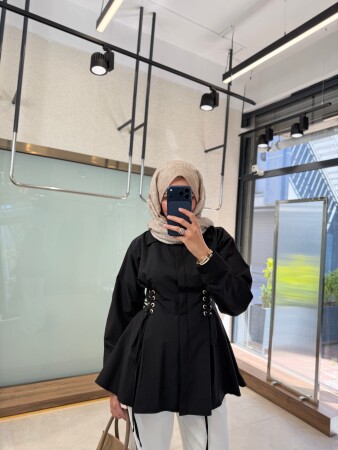 Bağcık Detaylı Poplin Gömlek - Siyah - Nuuwears