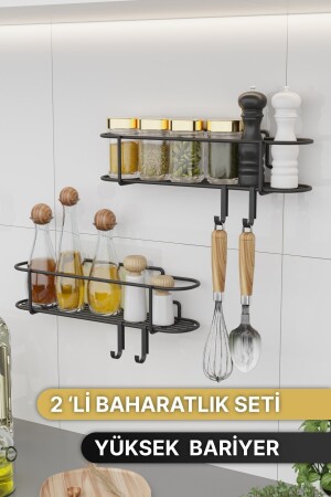 Baharatlık 2 Li Set Siyah Mat Metal Mutfak Rafı Banyo Rafı Yapışkanlı Kancalı Tuzluk Askılık binogold11-s - 4