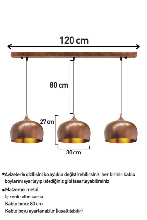 Bakır Rengi Yeni Nesil Avize Üçlü Lamba Retro Restoran Yemek Odası Pastane Kafe Salon Otel BMM7138 - 6