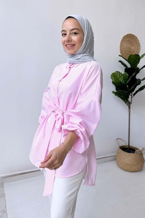 Balon Kol Çizgili Gömlek - Pembe - Ka Hijab