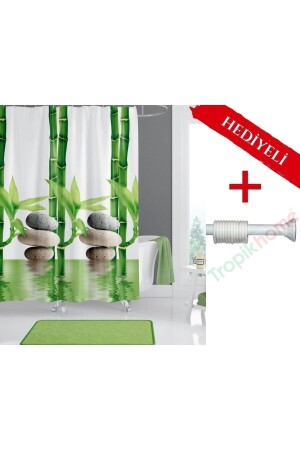 Bamboo Banyo Perdesi Askı Hediyeli 180x200cm Tek Kanat Duş Perdesi- Yeşil Banyo Duş Perdesi - 1