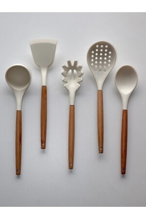 Bambu Saplı Silikon 5 Parça Servis Seti (KEPÇE-SPATULA-MAKARNA KAŞIĞI -KEVGİR-KAŞIK) SN-2021-21103 - 4