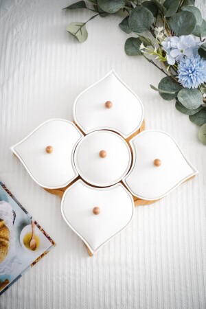 Bambu Standlı 5'li Porselen Kapaklı Porselen Lüx Kahvaltılık - Vadi