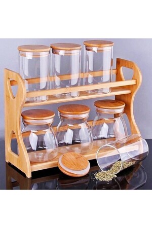 Bambu Standlı Cam Baharat Takımı Bambu Kapak 7'li - Arow