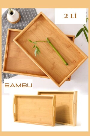 2'li Kulplu Bambu Ahşap Dikdörtgen Çay Kahve Servis Lüx Sunum Tepsi 33cm&40cm Bambu Tepsi 2 Li - 1