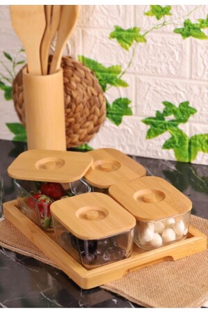 Bambum Krosna - Plus 9-teiliges Frühstücksset aus Glas mit Bambusüberzug und Tablett Atbyhome0227 - Atbyhome