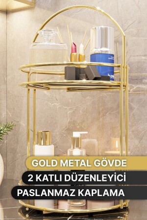 Banyo Düzenleyici 2 Katlı 40 CM Gold Lüks Düzenleyici Organizer Banyo Rafı Şampuanlık Dekoratif - 5