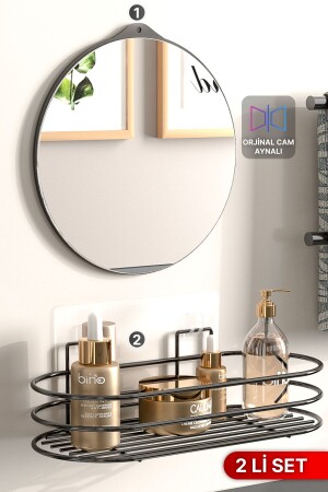 Banyo Düzenleyici 2 Li Set Ayna ve Organizer Yapışkanlı Lüks Tasarım Ayna Kozmetik Rafı - 1