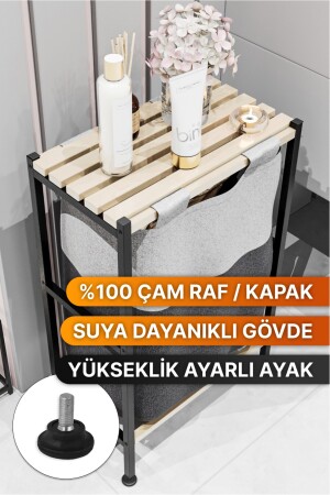 Banyo Düzenleyici Çamaşır Sepeti Ahşap Raflı Kirli Sepeti Keten Kumaşlı Organizer Y03 - 5