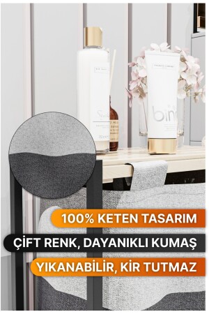 Banyo Düzenleyici Çamaşır Sepeti Ahşap Raflı Kirli Sepeti Keten Kumaşlı Organizer Y03 - 8