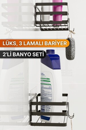 Banyo Düzenleyici Şampuanlık Sabunluk 2 Li Set Lamalı Yapışkanlı 4 Askılı Duş Rafı Organizer - 6