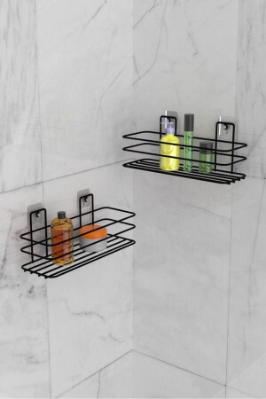 Banyo Düzenleyici Şampuanlık Sabunluk Yapışkanlı 2 Adet Banyo Rafı Mat Siyah Duş Rafı Organizer eva-metal6516984 - 1