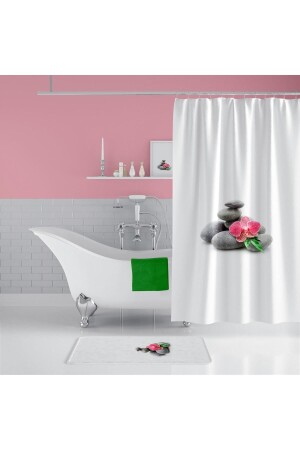 Banyo Paspas Seti- Taş Desen Banyo Perdesi Takımı- Yıkanabilir Paspas Ve Duş Perdesi Seti- C Halkalı - 2