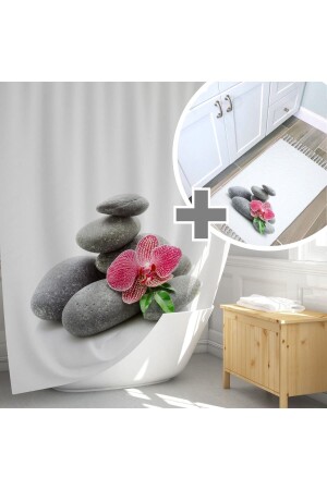 Banyo Paspas Seti- Taş Desen Banyo Perdesi Takımı- Yıkanabilir Paspas Ve Duş Perdesi Seti- C Halkalı - Tropikhome