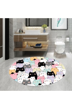 , Banyo Paspası, Kedi Desenli, 80cmx80cm, Yuvarlak, Kaymaz Taban Halı multicat01 - 1