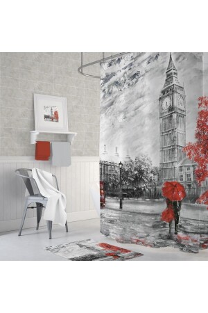 Banyo Perdesi Bigben Londra Desenli Baskılı Solmaz Su Geçirmez Duş Perdesi 12 C Halka Hediye 180x200 - 2