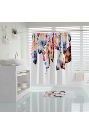 Banyo Perdesi Dream Catcher Tüy Desenli Baskılı Solmaz Su Geçirmez Polyester Duş Perdesi C Halkalı - 1