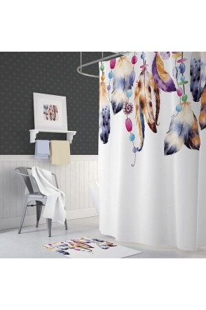 Banyo Perdesi Dream Catcher Tüy Desenli Baskılı Solmaz Su Geçirmez Polyester Duş Perdesi C Halkalı - 3