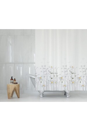 Banyo Perdesi Papatya Çiçek Desen Duş Perde Su Geçirmez Küvet Perde 180x200 Duş Perdesi 12 C-halkalı - 1