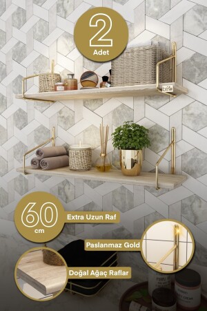 Banyo Rafı Gold Paslanmaz Banyo Düzenleyici Banyo Mutfak Organizer 2'li Set BinoGold503 - 4