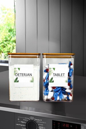 Banyo Saklama Kabı Dikdörtgen 2,9lt 2'li Set Tablet-deterjan Kabı Kutusu Ahşap Ağaç Vakum Kapaklı DeterjanKabi - Comprox