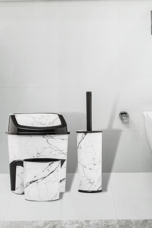 Banyo Seti Çöp Kovası Wc Tuvalet Fırçası Maşrapa 3'lü Set Beyaz Mermer Desenli Kokusuz Banyo Seti beyazmermermerdesenbanyoseti - 2