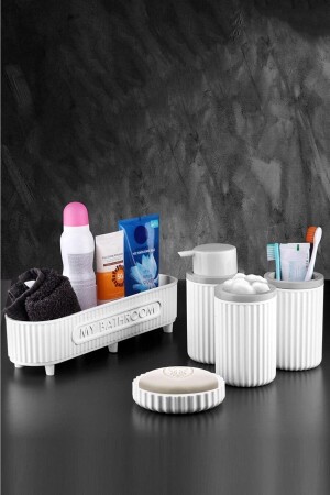Banyo Takımı Diş Fırçalık Sıvı Sabunluk Katı Sabunluk Pamukluk 5 Li Set Beyaz 3386 PRA-6763427-0093 - 1