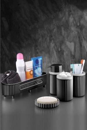 Banyo Takımı Diş Fırçalık Sıvı Sabunluk Katı Sabunluk Pamukluk 5 Li Set Siyah 3386 PRA-6763427-0093 - 1