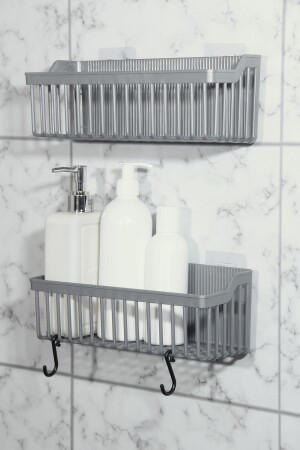 Banyor Yapışkanlı Banyo Rafı- 2'li Banyo Düzenleyici Organizer Banyo Duş Rafı Şampuanlık- Plstik - 1