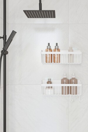 Banyor Yapışkanlı Banyo Rafı- 2'li Banyo Düzenleyici Organizer Banyo Duş Rafı Şampuanlık- Plstik - 3