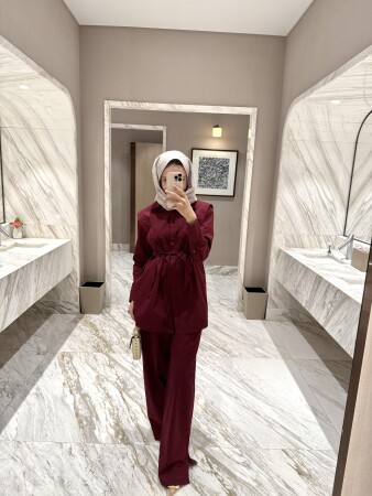 Basic Pantolonu Yırtmaçlı Takım - Bordo - Duendeca