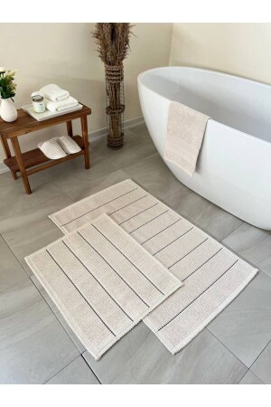 Basic Stripe Doğal Pamuklu 2'li Banyo Paspas Seti 60x100 50x60 Cm Ekru - Siyah Çizgili - 1