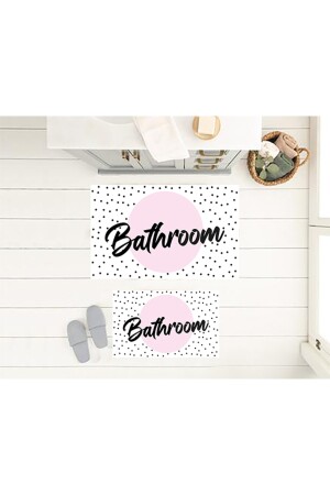 Bathroom Yazılı Banyo Paspası, Klozet Takımı, Kaymaz Taban Klozet Takımı, Dekoratif Paspas, Çeyizlik ECAP72-KT - 3