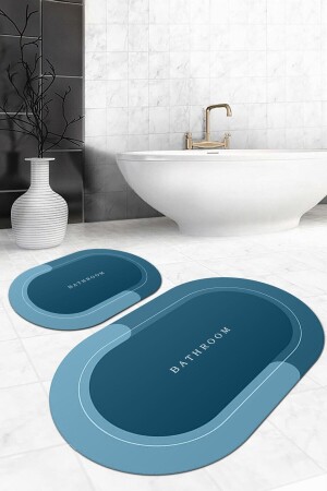 Bathroom Yazılı Şeritli Mavi 2'li Halı Takımı (60x100/40x60) - Wllybny-109 WLLY-BNY-109 - 2
